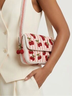 Beaded Cherry Shoulder Bag in White, Pink and Red